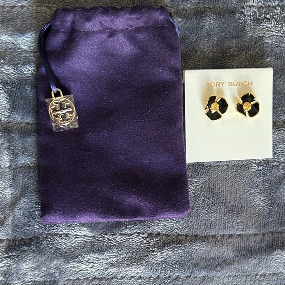 Tory Burch Black Enamel Flower Stud Earrings with Gold Accents
